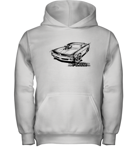 Fast & Furious Dom's Charger with Engine Youth Hooded Sweatshirt Youth Hooded Sweatshirt / White / XS Youth Hooded Sweatshirt - globaltrendtees