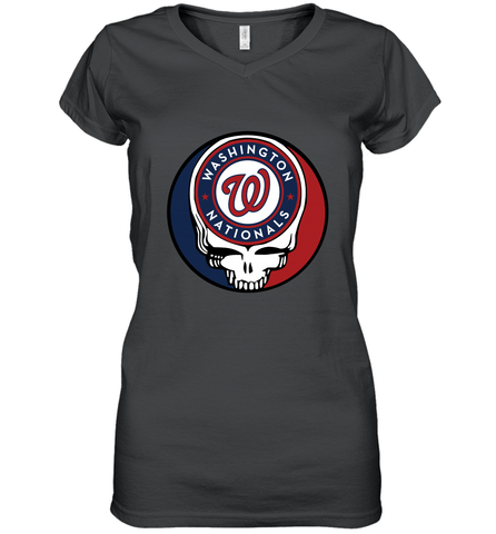 Washington Nationals Grateful Dead Baseball Steal Your Face MLB Women's V-Neck T-Shirt Women's V-Neck T-Shirt / Black / S Women's V-Neck T-Shirt - globaltrendtees