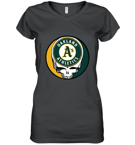 Oakland Athletics Grateful Dead Baseball Steal Your Face MLB Women's V-Neck T-Shirt Women's V-Neck T-Shirt / Black / S Women's V-Neck T-Shirt - globaltrendtees